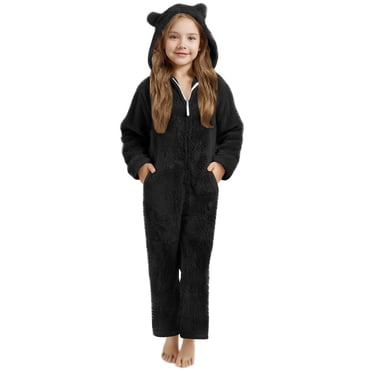 aohooy Pyjama Ample en Molleton à Fermeture Éclair en Sherpa pour Fillette, Combinaison d'Hiver à Capuche avec Oreilles, Manches Longues, Tenue de Détente une Pièce, Noir, 11 Ans