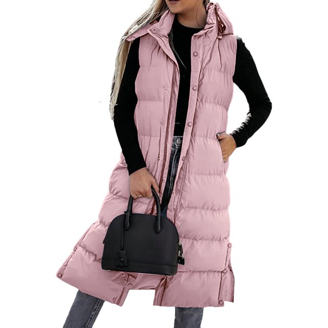 jsaierl Long Puffer Vest Women Button Down Sleeveless Hooded Jacket Overcoat Solid Color Side Slit Winter Parka Coat