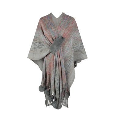 XZNGL Womens Fashion Tops Womens Fashion Autumn Winter Contrasting Hairball Stripe Tassel Cloak Shawl Tops Womens Winter Clothes