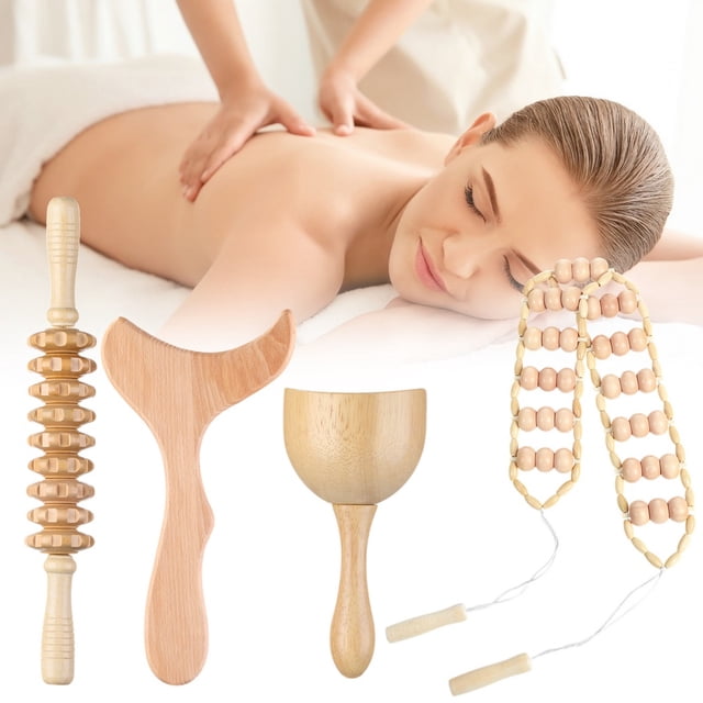 4-in-1 Wood Therapy Massage Tools, Lymphatic Drainage Massager Tool Set, Wood Massage Cup Massage Roller Stick Roller Rope Contouring Board, Cellulite Body Sculpting Massage Kit for Muscle Pain Relief