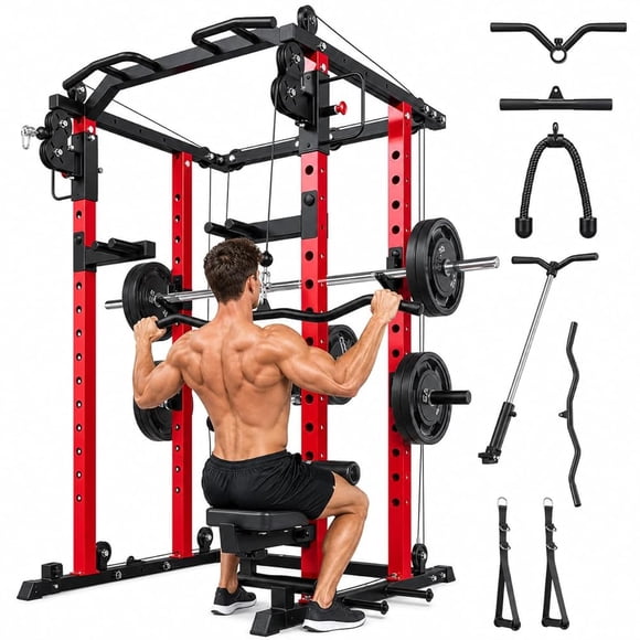 U-MAX Cage Motorisée avec Machine à Câbles et Tirage LAT, Support pour Squats Capacité de 2000 lb pour Gym à Domicile, Système d'Entraînement de Force Tout-en-un avec Attache à Poulie
