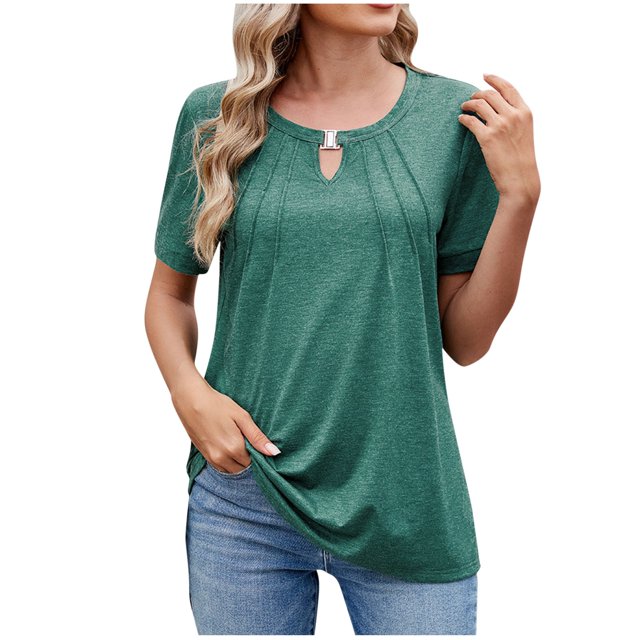 Timegard Womens Tops Front Keyhole Round Neck Short Sleeve T Shirts Solid Color Casual Tunic Blouses