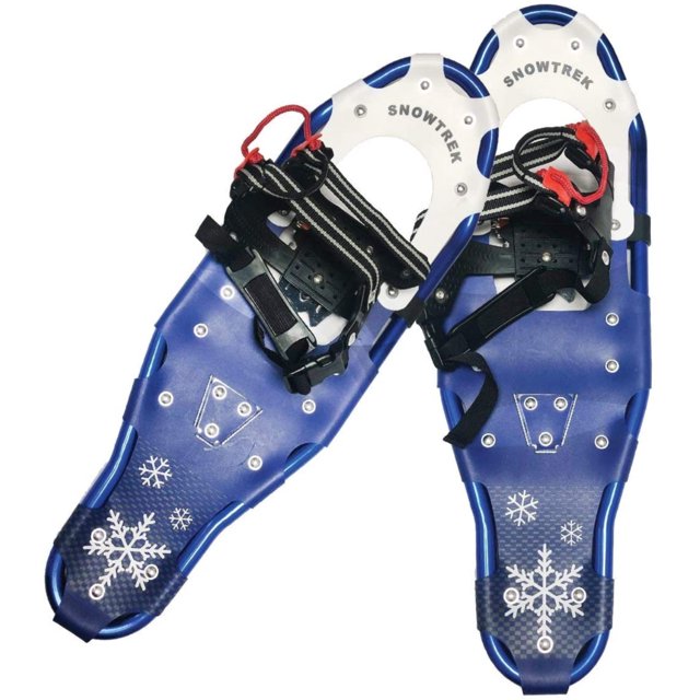 SNOWTREK Raquettes à Neige en Aluminium avec Sac de Transport Doté d'Un Cadre en Aluminium durable et d'Un Plateau en Vinyle. les Raquettes à Neige Sont Conçues pour les Débutants et Conviennent aux Terrains Plats à Roulants. Elles Incluent un Harnais Ajustable à une Traction pour un Ajustement Facile et des Barres pivot Semi-Rigides pour Réduire la projection de Neige. la Paire Est Présentée dans un design Bleu et Blanc avec des Motifs de Flocons de Neige, Accompagnée d'Un Sac de Transport avec des Poignées et une Sangle Ajustable.