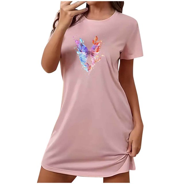 Mrat Robes pour Femmes Vêtements de Nuit Robe pour Femmes Vêtements de Nuit Manches Courtes Chemise de Nuit Décontractée Imprimée Robe de Nuit Ample Confortable Pyjama Nuisette S-98 Rose-A L