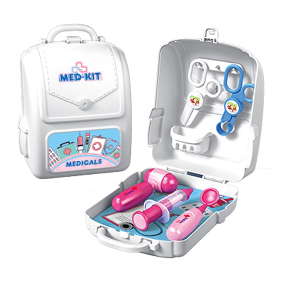 Kids Pretend to Play Set Toys  Children‘s Simulation Jewelry Dressing Table Toothbrush Tool Set Kitchen Tableware with Backback Box for Boys Girls  White
