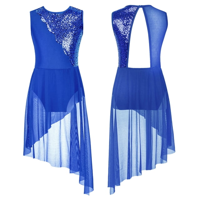 XUNZOO Robe de Danse Lyrique pour Filles Costume de Danse Ballet Jazz Latin Performance Camisole à Sequins Bleu Royal 8