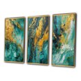 thumbnail image 3 of Designart "Golden Turquoise Breakers Abstract Waves V" Abstract Shapes Framed Wall Art Set Of 3 - Gold Transitional Frame Canvas Set For Living Room Decor, 3 of 6