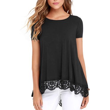 Women T-shirt Solid Color Loose 4 3 5 Basic Top Lace Hollow Hem Short Sleeve Round Neck Blouse, Black, L