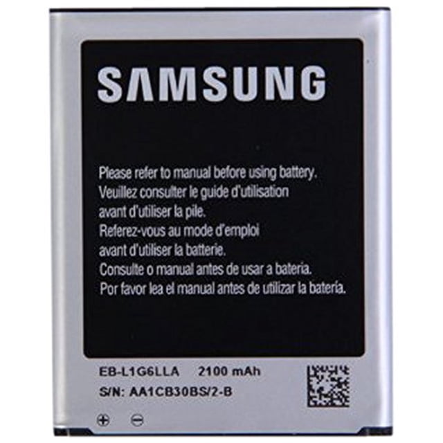 Original Genuine OEM 2100 mAh Replacement Li-Ion Battery for Samsung Galaxy S3 All Carriers EB-L1G6LLA. The battery features a 2100mAh capacity, 3.8V voltage, and NFC-enabled technology for seamless communication with compatible devices. Designed for Samsung Galaxy S3 models including Verizon SCH-i535, US Cellular SCH-R530, AT&T SGH-i747, T-Mobile SGH-T999, and Sprint SPH-L710. The front view shows the Samsung branding, model number EB-L1G6LLA, and usage instructions printed on the black and silver casing.