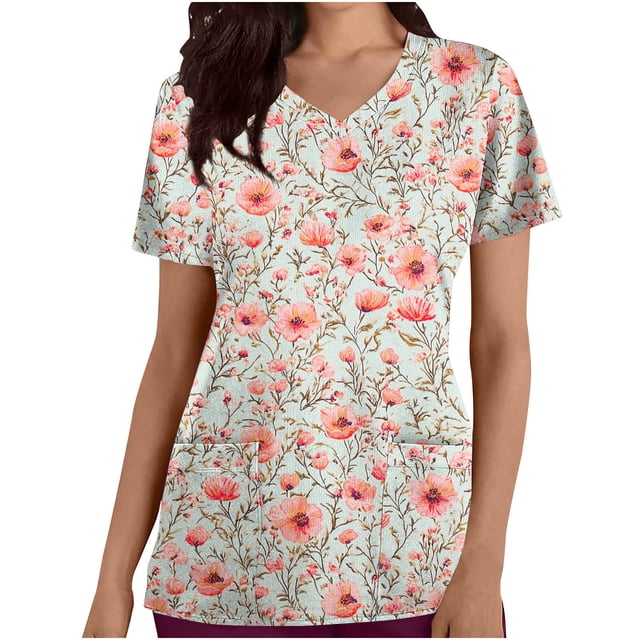Pisexur Womens Scrub Tops Boasting Colorful Floral Prints Along With Short Sleeve Scrub Tops Suitable for Nursing Uniforms With Convenient Pockets