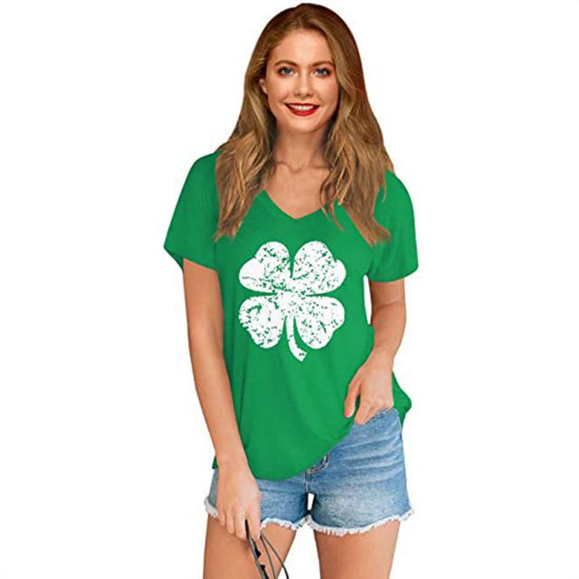 New Womens Four Leaf Clover Print Tops Short Sleeve V Neck Tee T Shirt Printed Side Split Tunic