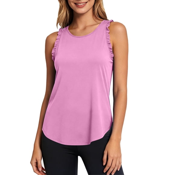 SZJXBUY Elegant Womens Tops,Summer Plus Size Causal Breathable Curved Hem Workout Tank Top Ruffle Sleeveless Athletic Running Gym Yoga Shirts Pink,S
