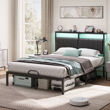Bestier Full Bed Frame with Storage Headboard Shelf, Full Size Platform Bed With LED Lights & USB Ports, Black PU Leather