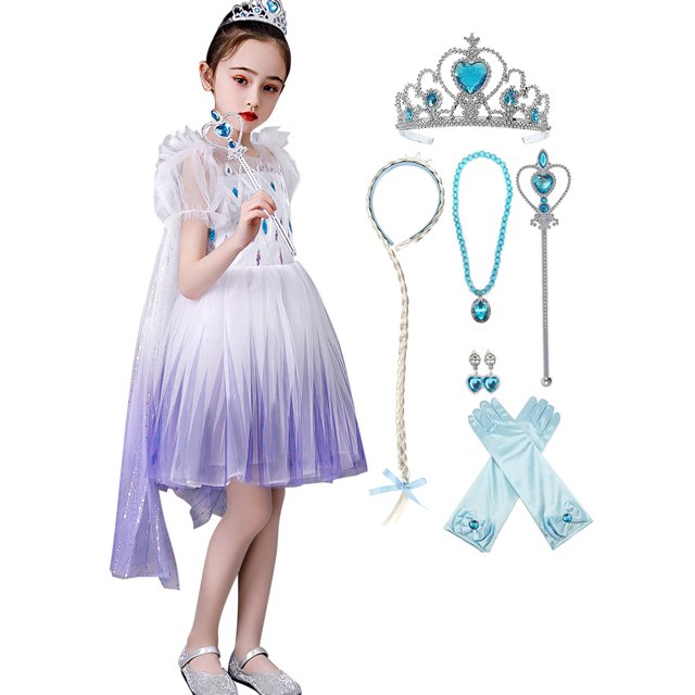 HAWEE Elsa Robe de Princesse Reine des Neiges Cosplay Flocon de Neige Costume Robes pour Filles Manches Courtes Robe de Princesse à Paillettes pour Fête