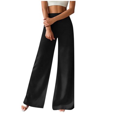 Ltctricy Pantalon à Jambe Grand pour Femme, Taille Haute Élastique, Pantalon Palazzo à Enfiler, Pantalon de Travail Business Décontracté avec Poches (Noir, Moyen)