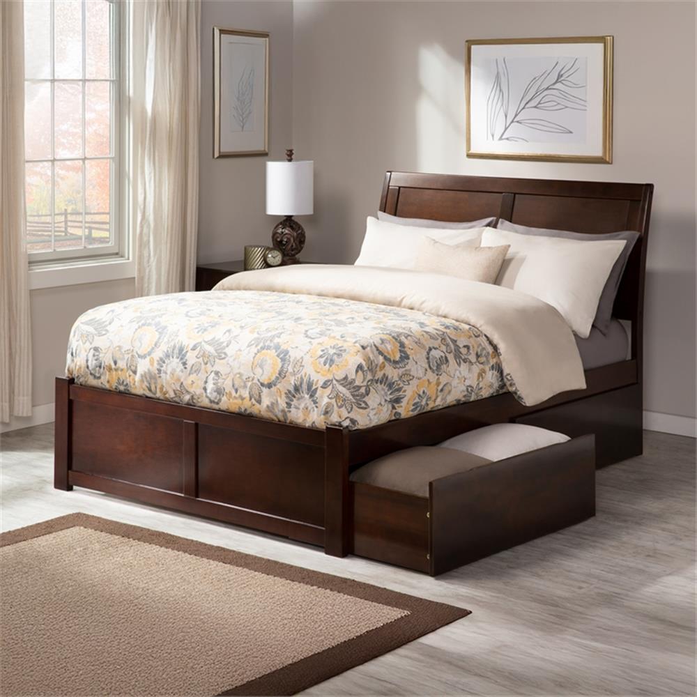 Portland Lit Plateforme Complet en Bois avec Pied de Lit et Tiroirs de Rangement en Noyer