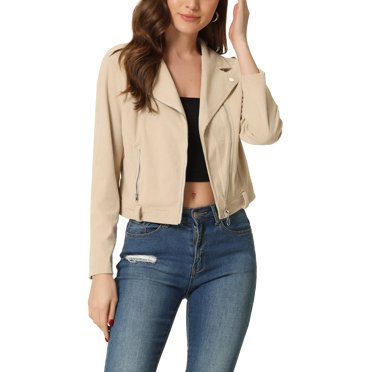 INSPIRE CHIC Women's Corduroy Notched Lapel Zip Up Motorcycle Jacket Beige XS