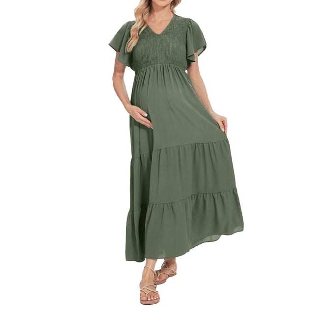 JFHHQ Robe Unie à Col Rond Robe de Maternité d'Été Ample Évasée Taille Élastique Décontractée à Manches Courtes Couleur Unie Longue Jupe Maxi pour Femmes G Vert