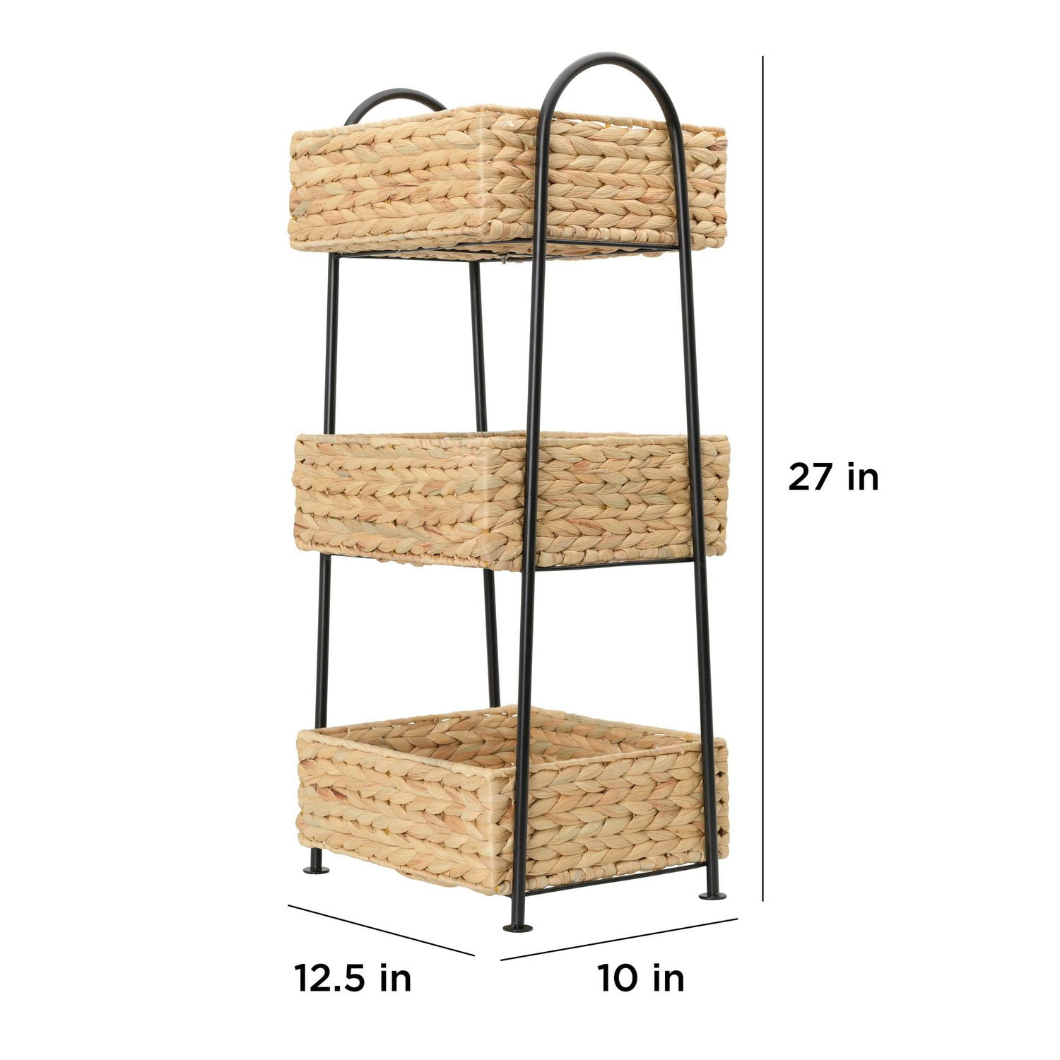 Zenna Home Chariot à 3 niveaux avec paniers de rangement en jacinthe d'eau tissés à la main, noir et naturel