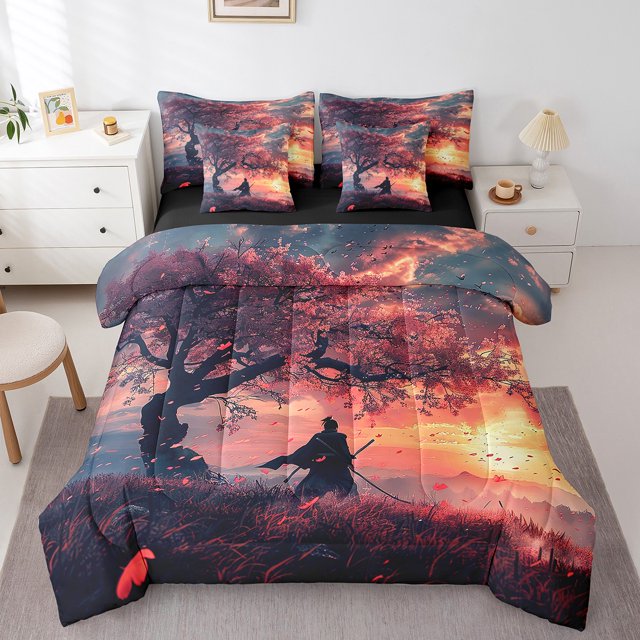 YST Japanese Samurai 7-Piece Comforter Set, King, Cherry Blossoms
