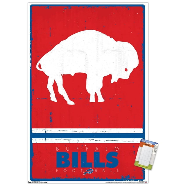 NFL Buffalo Bills - Affiche Murale Rétro Logo 15, 22,375 Pouces x 34 Pouces Montrant une silhouette de Bison Blanc sur un Fond Rouge Vieilli avec une Bordure Bleue. l'Affiche Présente le Texte « Buffalo Bills FOOTBALL » en Bleu et Blanc avec le Logo de Bison en Chargement de l'Équipe Ci-Dessous. Imprimée sur Papier Lustré, Cette Oeuvre Murale Légère Convient aux Chambres, Bureaux Ou Dortoirs et Comprend des Pinces d'Affiche Sans Dommages pour une Suspension Facile.