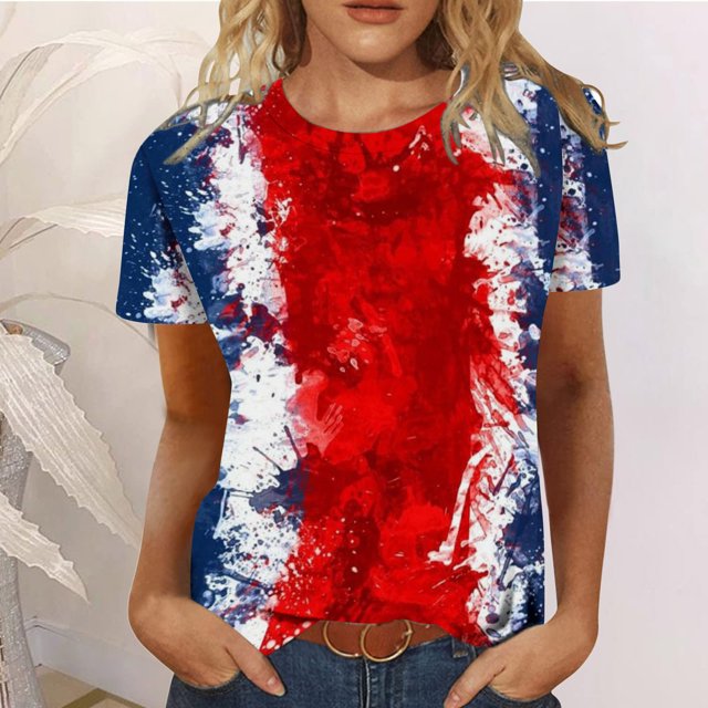T-Shirts d'Été pour Femmes Grande Taille, Hauts d'Été pour Femmes, T-Shirts d'Été Décontractés à Col Rond à Manches Courtes, Imprimé Drapeau, Coupe Ajustée, Hauts Basiques, Tees, Blouses, T-Shirt à Col en V pour Femmes en Liquidation