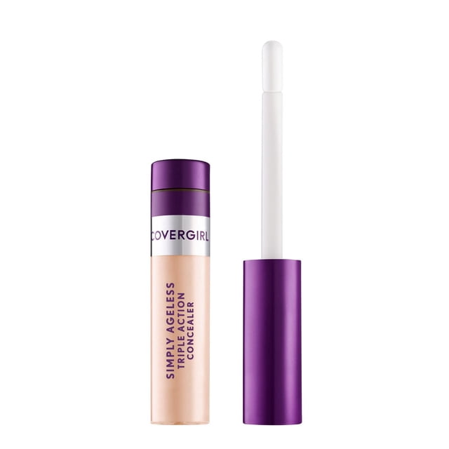COVERGIRL Simply Ageless Cache-Cernes à Triple Action en tube beige Clair avec Capuchon Métallique Violet et Applicateur à Tige Céramique Rafraîchissante Blanche, Conçu pour Dépouiller, Camoufler les Cernes et Illuminer la Peau sous les Yeux avec une Formule Hydratante et Non Frisante Convenant à Tous les types de Peau et Souvent Utilisé pour Illuminer les Yeux Fatigués.