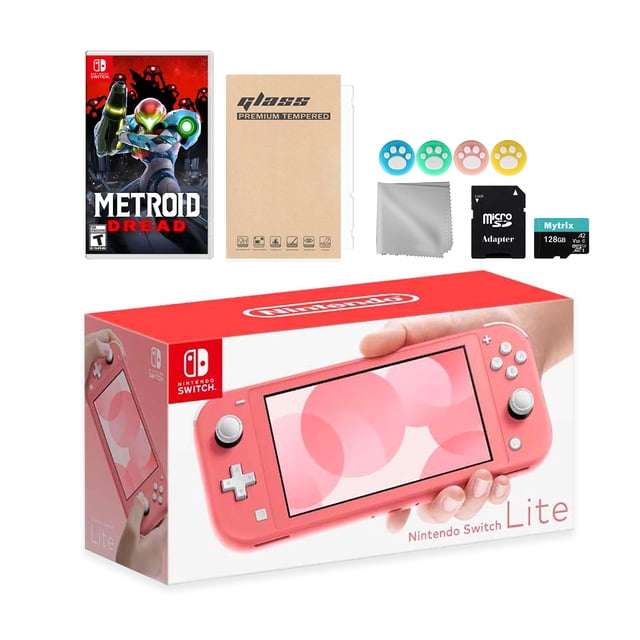 Nintendo Switch Lite Coral with Metroid Dread, Mytrix 128GB MicroSD Card and Accessories NS Game Disc Bundle Best Holiday Gift