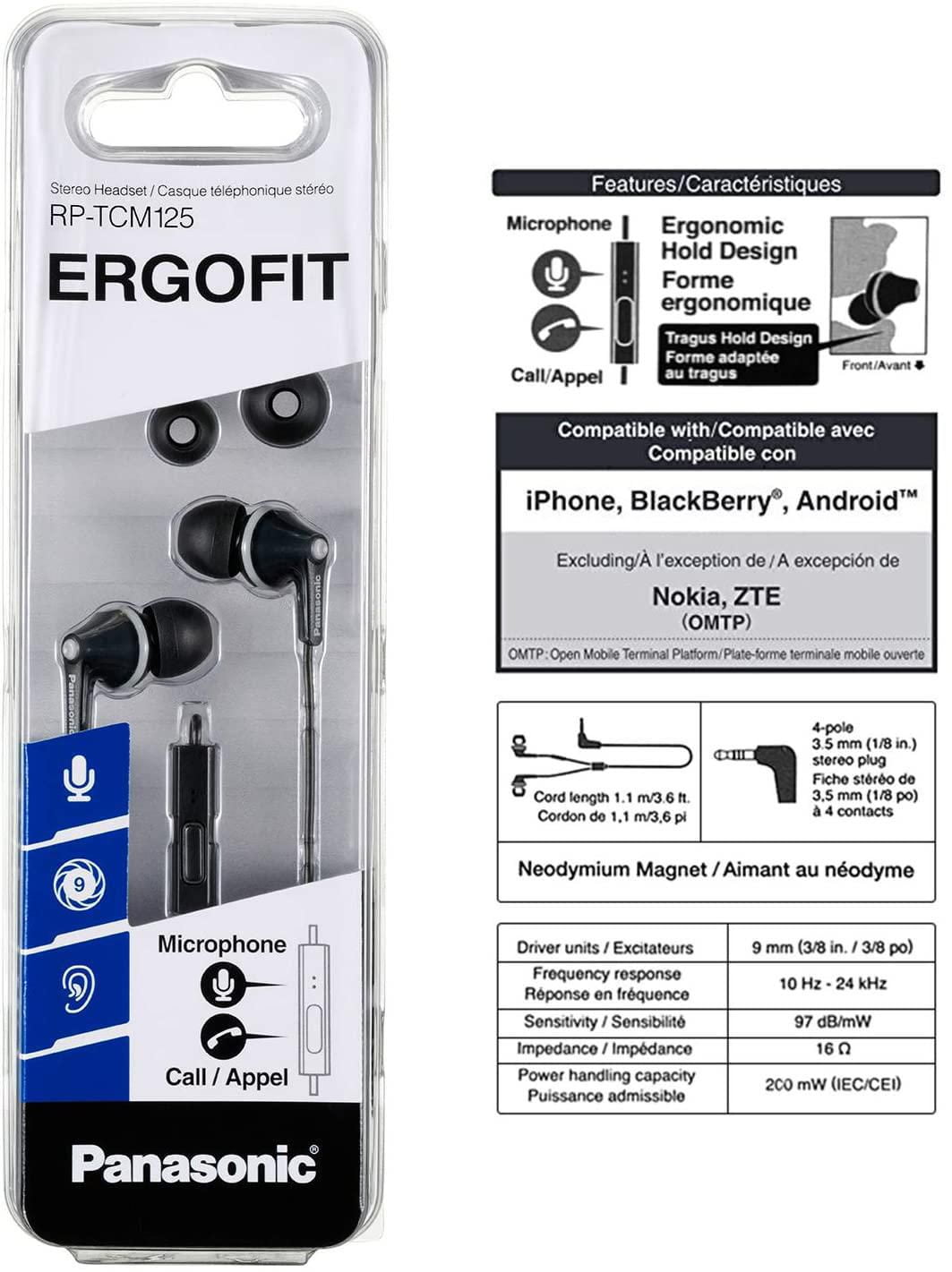 Panasonic ErgoFit Écouteurs intra-auriculaires avec micro et contrôleur, Noir