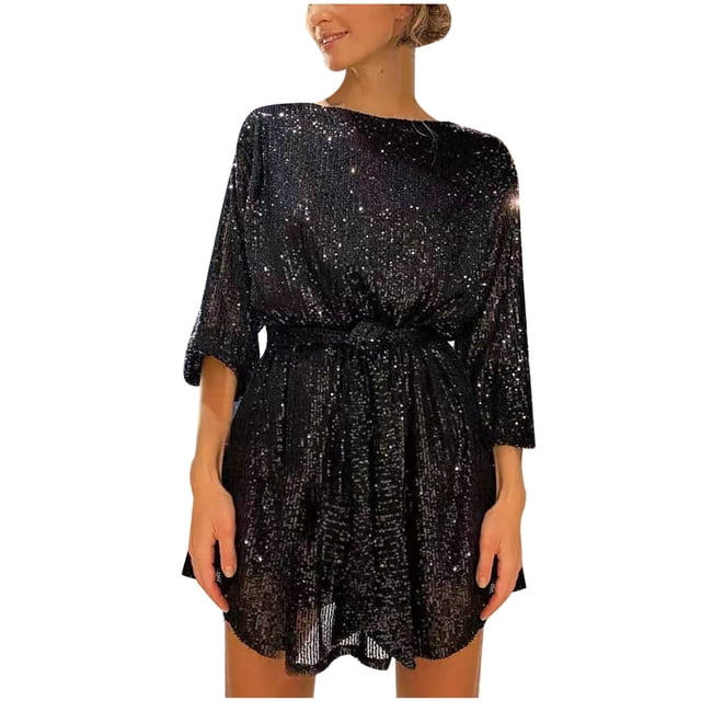 Robe à Manches Longues pour Femmes Mode pour Femmes Col Ras du Cou à Paillettes Robe Courte Unie à Manches Longues Robe de Soirée Robe Formelle