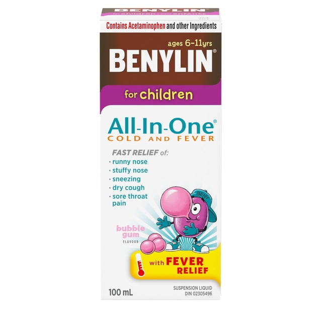BENYLIN® Children's All-In-One Cold and Fever Liquid, Daytime, Relieves Cold & Fever symptoms, 100mL, Bubble Gum Flavour, For ages 6-11yrs