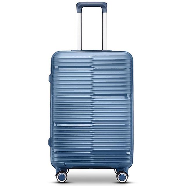 TRAVLR 100% PP Break Resistant Lightweight Expandable 20" Cabin Luggage Trolley in coral blue. This carry-on luggage features a durable polypropylene shell with a textured design, aluminum telescopic handle, TSA-approved lock, anti-blast zipper, expandable storage, and silent double spinner wheels. Perfect for eco-conscious travelers seeking a reliable travel suitcase.