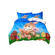 Duvet Cover Set 3-Piece Easter Cartoon Rabbits and Eggs Pattern Soft Microfiber 2 Pillowcases and 1 Duvet Cover for Bedroom