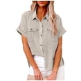 thumbnail image 1 of fheaev Button Up Shirts For Women Roll Up Short Sleeve Button Down Cotton Linen T-Shirts With Pocket V-Neck Work Tunics Blouse Collared Tops, 1 of 9