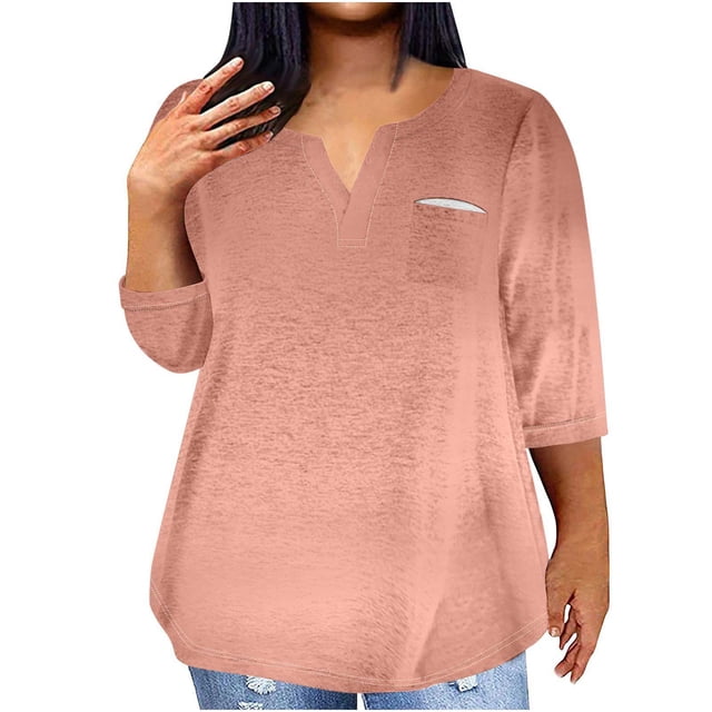 QIPOPIQ Plus-Size Tops for Women Summer V Neck T Shirts Color Block Raglan Tees Clearance