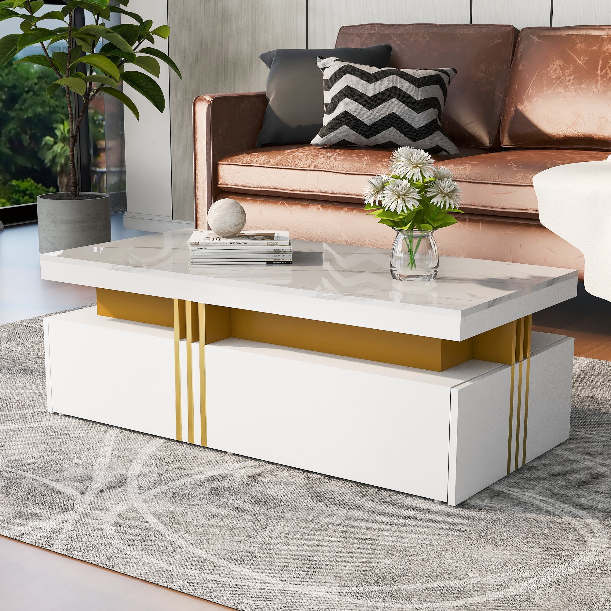 Table basse moderne Noble House, plateau laqué brillant effet marbre, blanche
