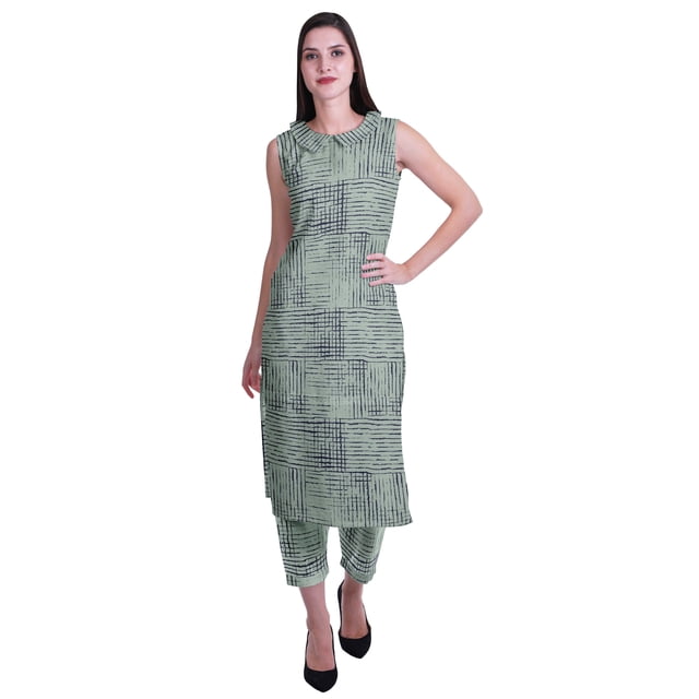 Moomaya Printed Womens Sleeveless Peter Pan Collar Kurta Pant Set,2 Piece Ethnic Set