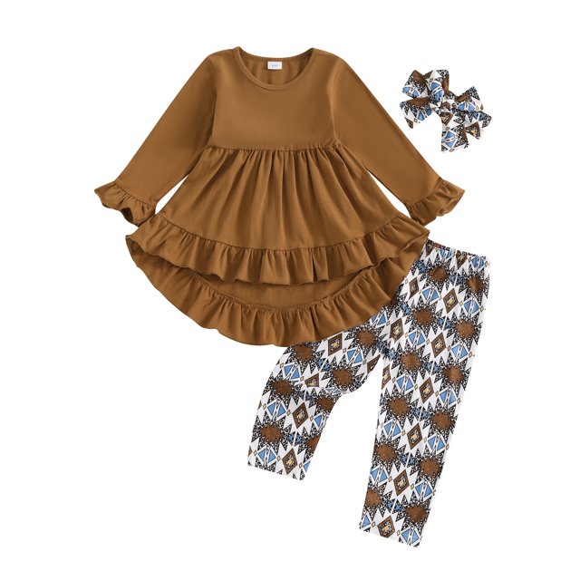 FOCUSNORM Toddler Baby Girls Cowgirl Clothes Set Ruffled Trim Long Sleeve Tops Long Pants Headband Fall Spring Outfits