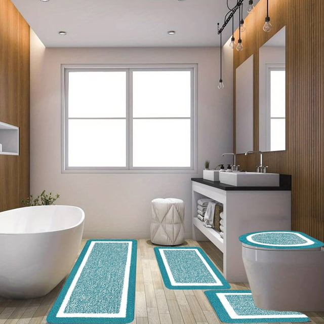 UsRHHA 4 Piece Bathroom Rugs Set, Absorbent Microfiber Plush Non-Slip Bath Mat with Lid Cover, Complete Bathroom Rug Collection Washable