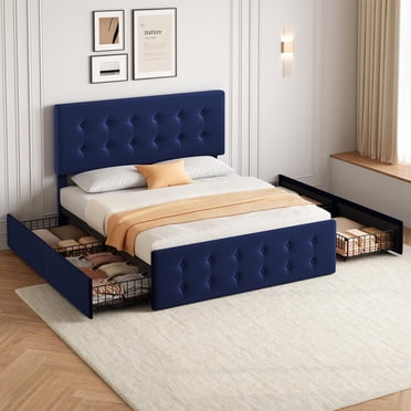 Queen Size Bed Frame with 4 Storage Drawers – Upholstered Platform Bed with Adjustable Headboard, Wood Slat Support, Noise-Free, No Box Spring Needed, Blue