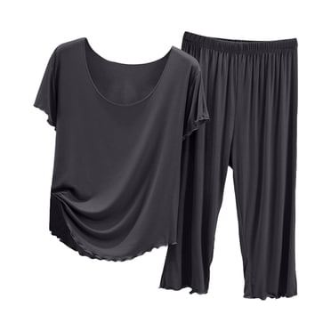 Fgnfyis Ensemble de Pyjama pour Femme d'Été à Manches Courtes avec Pantalon Capri, Léger, Décontracté, Tenue d'Intérieur pour Dames, Pyjamas pour Femmes, Gris, M