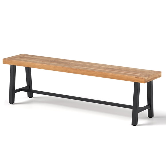 Patiojoy 63 Inch Patio Bench Acacia Wood Long Dining Bench w/ Heavy-Duty Metal Legs