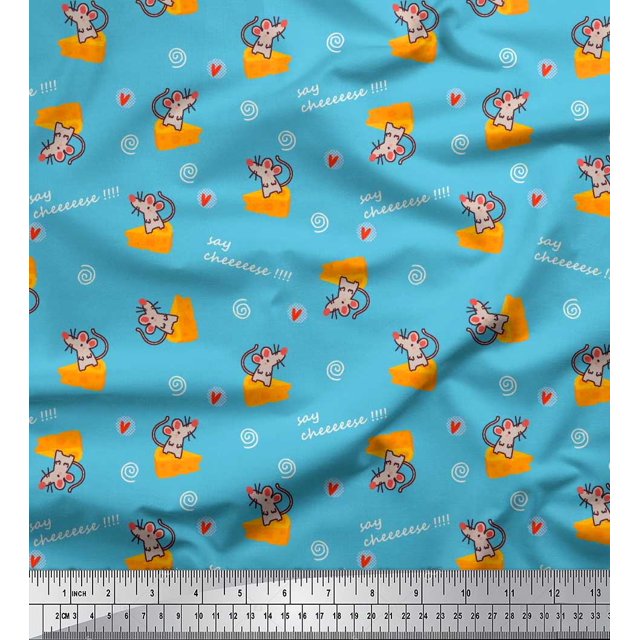 Soimoi Blue polyester Crepe Fabric Cheese Slice & Rats Kids Print Fabric by the Yard 52 Inch Wide