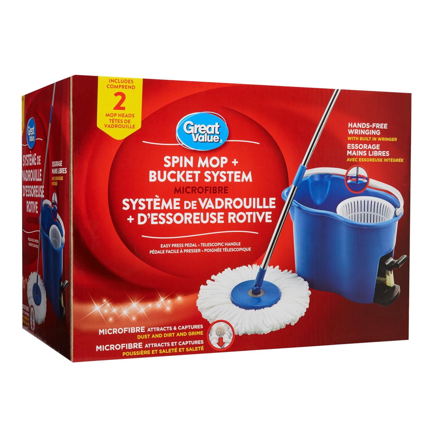 Great Value Spin Mop & Bucket System with 2 Mop Heads