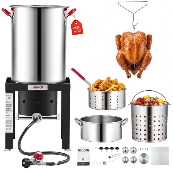 VEVOR Friteuse à Poisson de 30 Qt pour Dinde et 10 Qt, Chaudière de Fruits de Mer en Acier Inoxydable, Cuiseur Extérieur pour Écrevisses, Crabes, Crevettes, Homards, Ensemble Complet de Cuiseur Vapeur Profond avec Panier, Support, Brûleur au Propane de 54 000 BTU