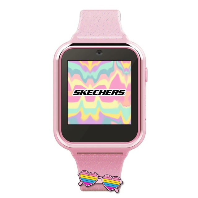 Skechers Montre Interactive à Écran Tactile avec Caméra en Rose avec Bracelet Moucheté de Paillettes et Breloque de Lunettes Rayées Arc-en-Ciel en Forme de Cœur, Vue Orientée Montrant un Motif Ondulé Coloré et le logo Skechers sur Écran Tactile, une Montre Intelligente pour Enfants avec Caméra, Vidéo, Jeux, Calculatrice, Enregistreur Vocal, Alarme et Fonctions de Podomètre, Convient Aussi pour Initier les Enfants à la Technologie Portable.