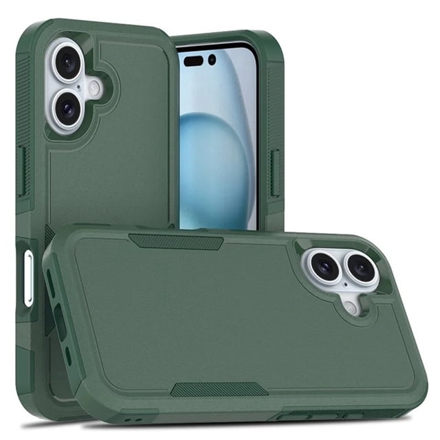 iPhone 16 Hard Case, Dual Layers Heavy Duty Rubber Armor Bumper Hard Case Cover in a green finish. Designed for full-body protection with a solid PC back cover and soft TPU bumper featuring a geometric inner shell for shock absorption. Includes raised edges around the screen and camera lens, four anti-fall airbag corners, and precise cutouts for easy access to buttons and ports. Ideal for protecting your phone from drops and collisions.