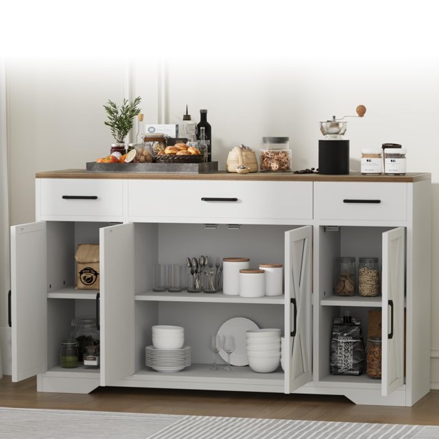 BeesClover 55” Large Sideboard Buffet Cabinet with Storage, Farmhouse Kitchen Cabinets, Modern Buffet Storage Cabinets with Adjustable Shelves, Doors & Drawers