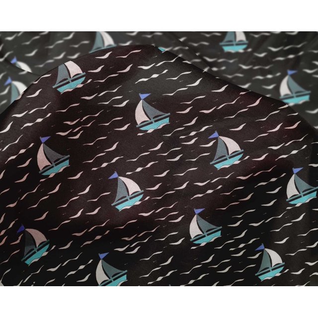 oneOone Silk Tabby Fabric Waves & Sailboat Ocean Printed Craft Fabric BTY 42 Inch Wide