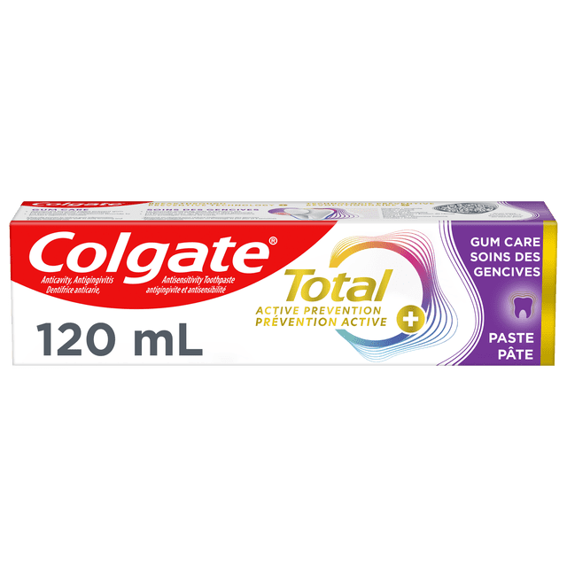 Colgate Total Prévention Active Plus Soin des Gencives Dentifrice, Saveur Menthe, Boîte de 120 ml avec Emballage Rouge, Blanc et Violet, Présentant du Dentifrice au Fluorure Formulé pour Aider à Prévenir l'Inflammation des Gencives, les Saignements, les Caries, la Sensibilité et le Tartre, avec Texte Bilingue Anglais et Français.